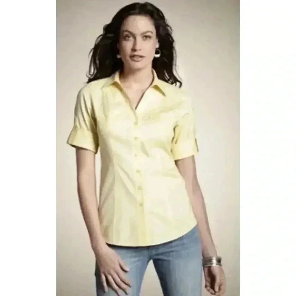 Chicos Womens Shirt 3 Yellow Green Rolled Sleeve Cotton Button Up Collared